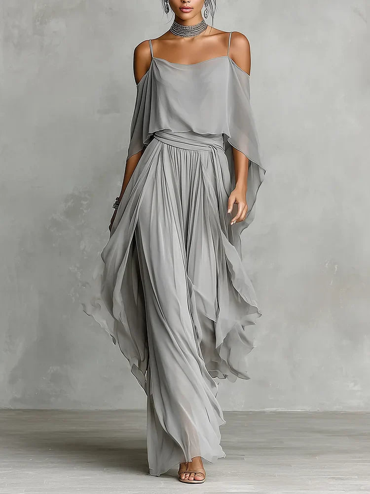 Flowy Off-shoulder Blouse And Skirt Two-piece Set