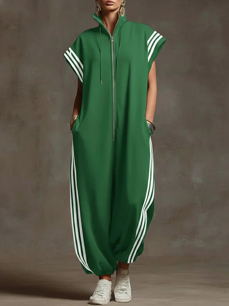 Women's Stand-collar Short-sleeved Casual Loose Cotton Wide-leg Jumpsuit
