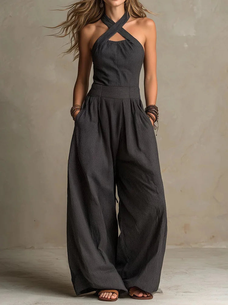 Women's Cross-neck Halter Design Cotton-linen Jumpsuit
