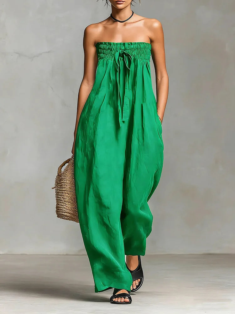 Women's Solid Color Strapless Casual Loose Cotton And Linen Jumpsuit