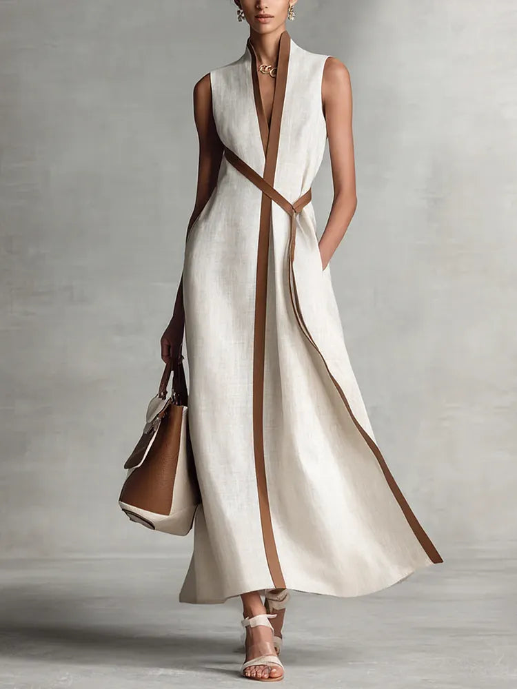 Women's Stand-up Collar Sleeveless Casual Loose Cotton And Linen Dress