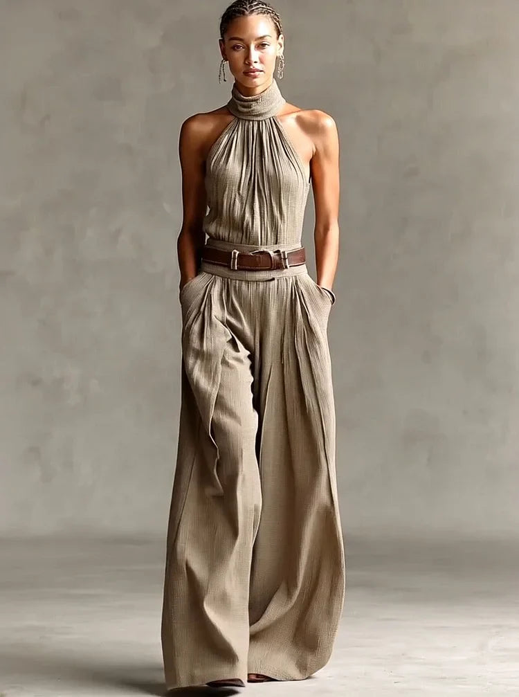 Stylish Waist-cinching Sleeveless Linen-cotton Jumpsuit