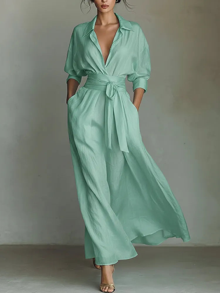 Waist-cinching Shirt-style Maxi Linen And Cotton Dress