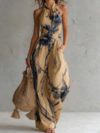 Retro-elegant Ink Wash Print Jumpsuit