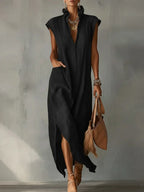 Women’s Ruffle Collar Cotton Linen Midi Dress – Elegant Summer Dress