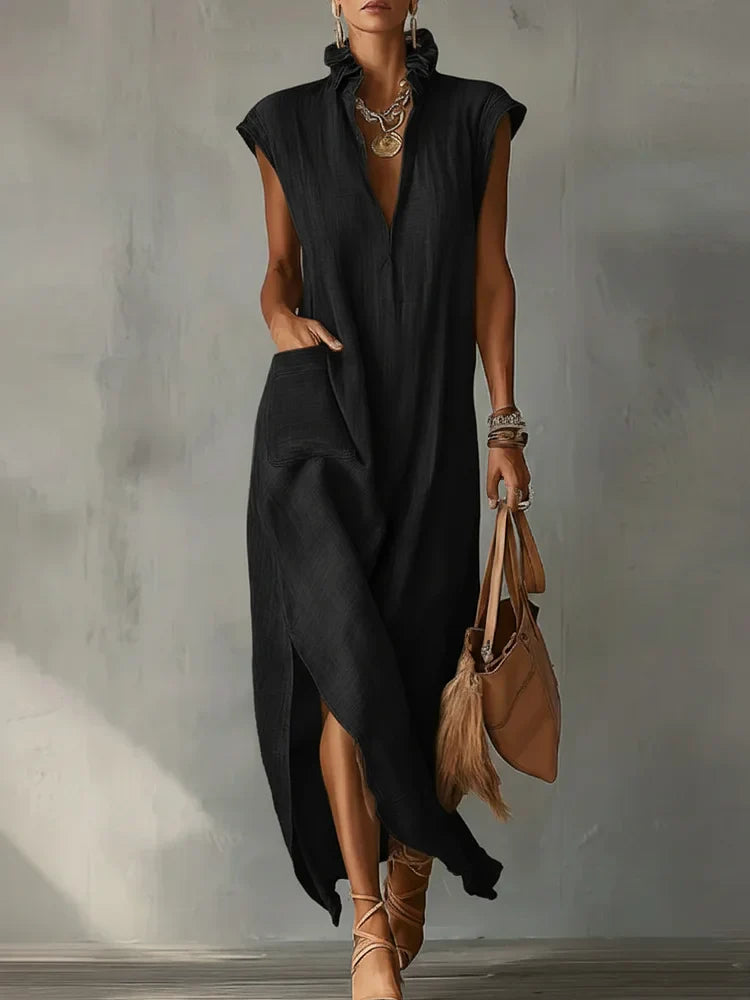 Women’s Ruffle Collar Cotton Linen Midi Dress – Elegant Summer Dress