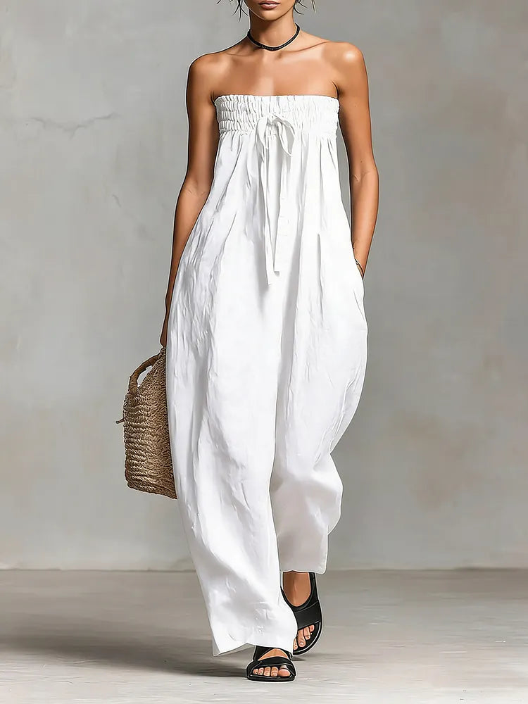 Women's Solid Color Strapless Casual Loose Cotton And Linen Jumpsuit