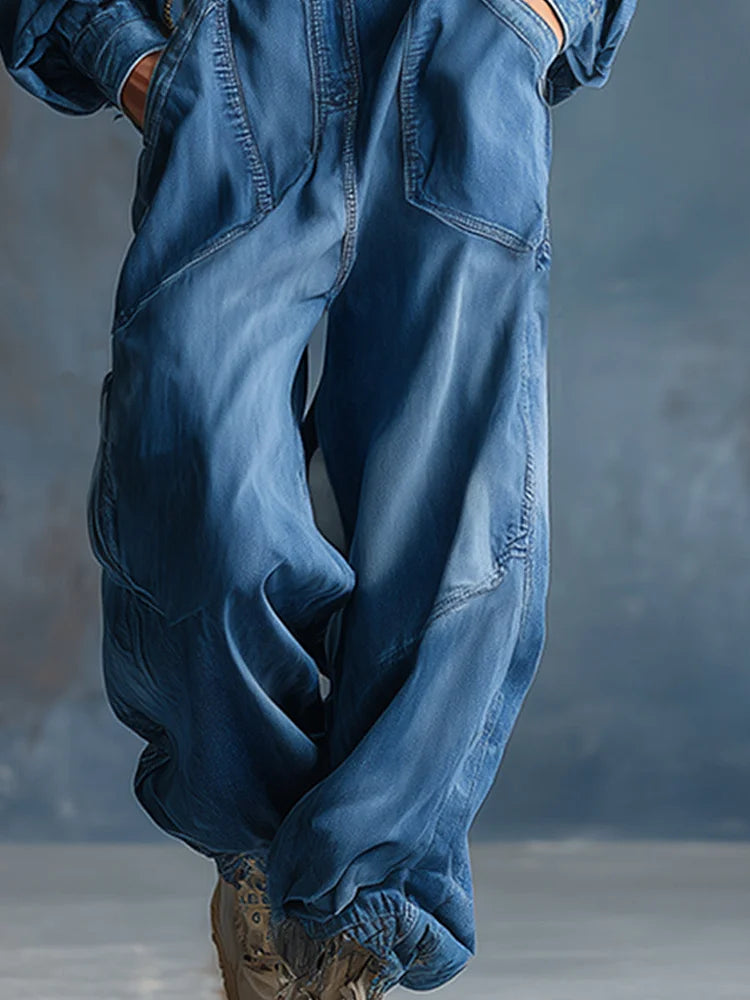 Casual Loose-fit Hooded Blue Denim Button-front Long-sleeved Jumpsuit