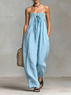 Women's Solid Color Strapless Casual Loose Cotton And Linen Jumpsuit