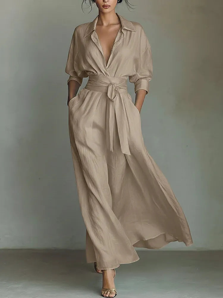 Waist-cinching Shirt-style Maxi Linen And Cotton Dress