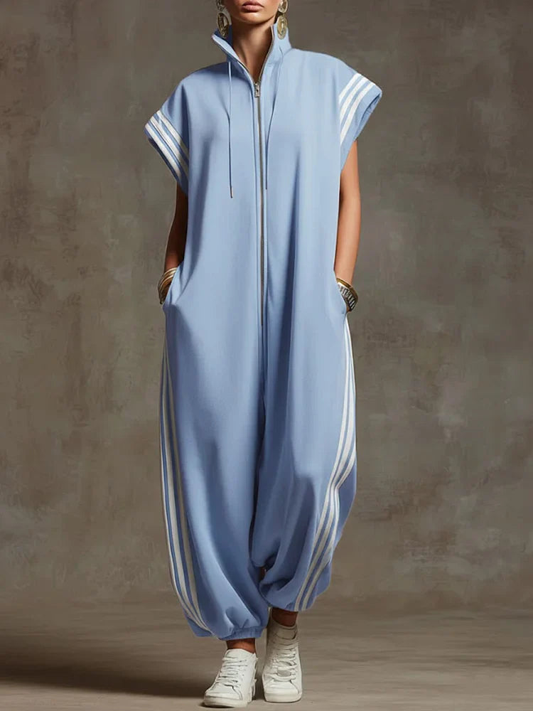 Women's Stand-collar Short-sleeved Casual Loose Cotton Wide-leg Jumpsuit