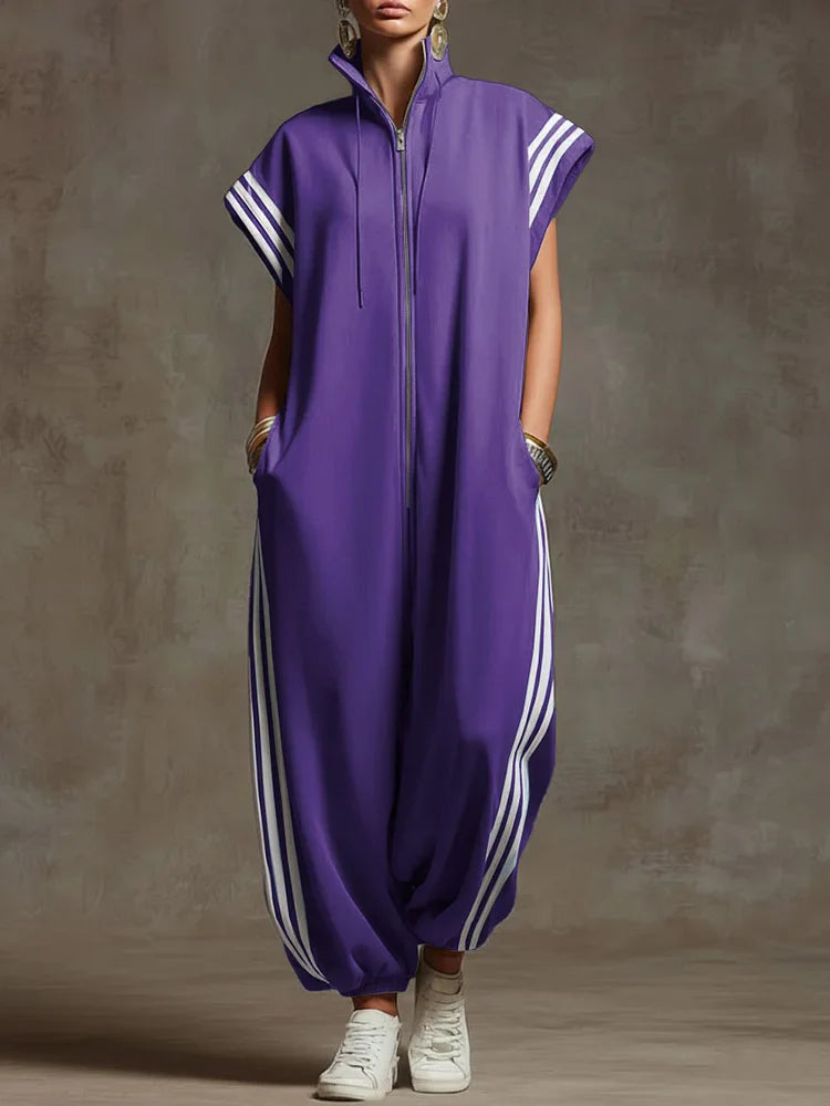 Women's Stand-collar Short-sleeved Casual Loose Cotton Wide-leg Jumpsuit
