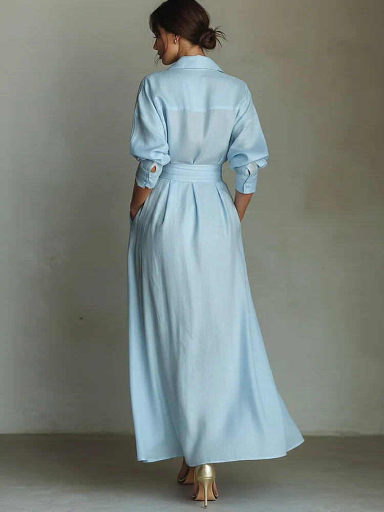 Waist-cinching Shirt-style Maxi Linen And Cotton Dress