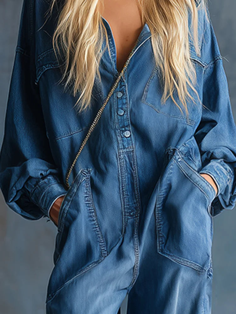 Casual Loose-fit Hooded Blue Denim Button-front Long-sleeved Jumpsuit