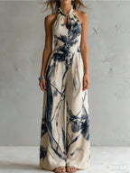 Retro-elegant Ink Wash Print Jumpsuit