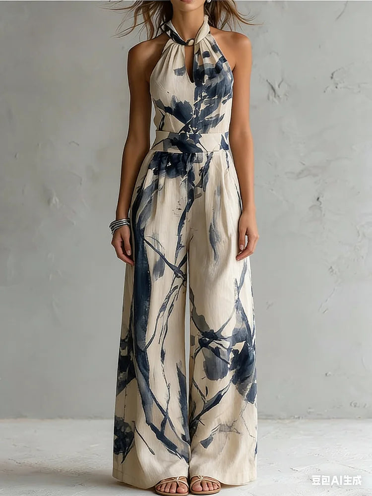 Retro-elegant Ink Wash Print Jumpsuit