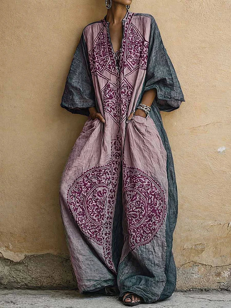 Women's Vintage Print V-neck 3/4-sleeve Cotton-linen Jumpsuit